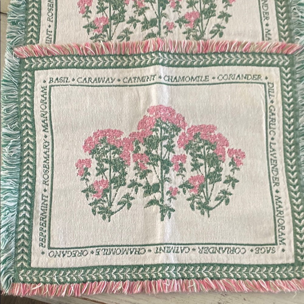Vintage Herbal Garden Floral Fringed Placemats Set of Two